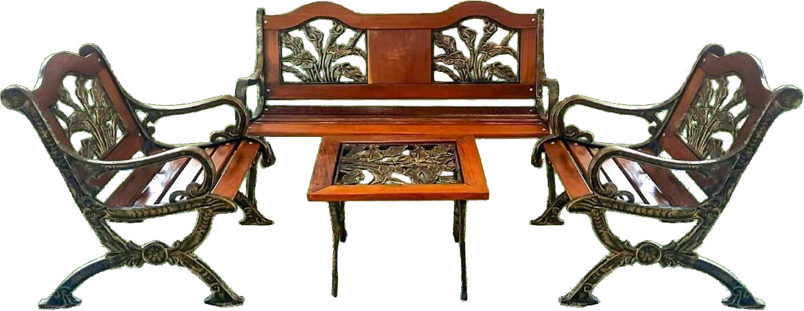 Juego de jardín con un banco de tres cuerpos, dos sillones y una mesa ratona, en fundición con respaldos calados y madera lustrada
